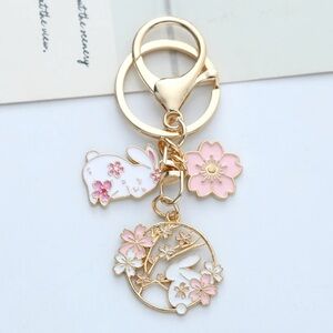 Gold and Pink Floral Bunny Keychain